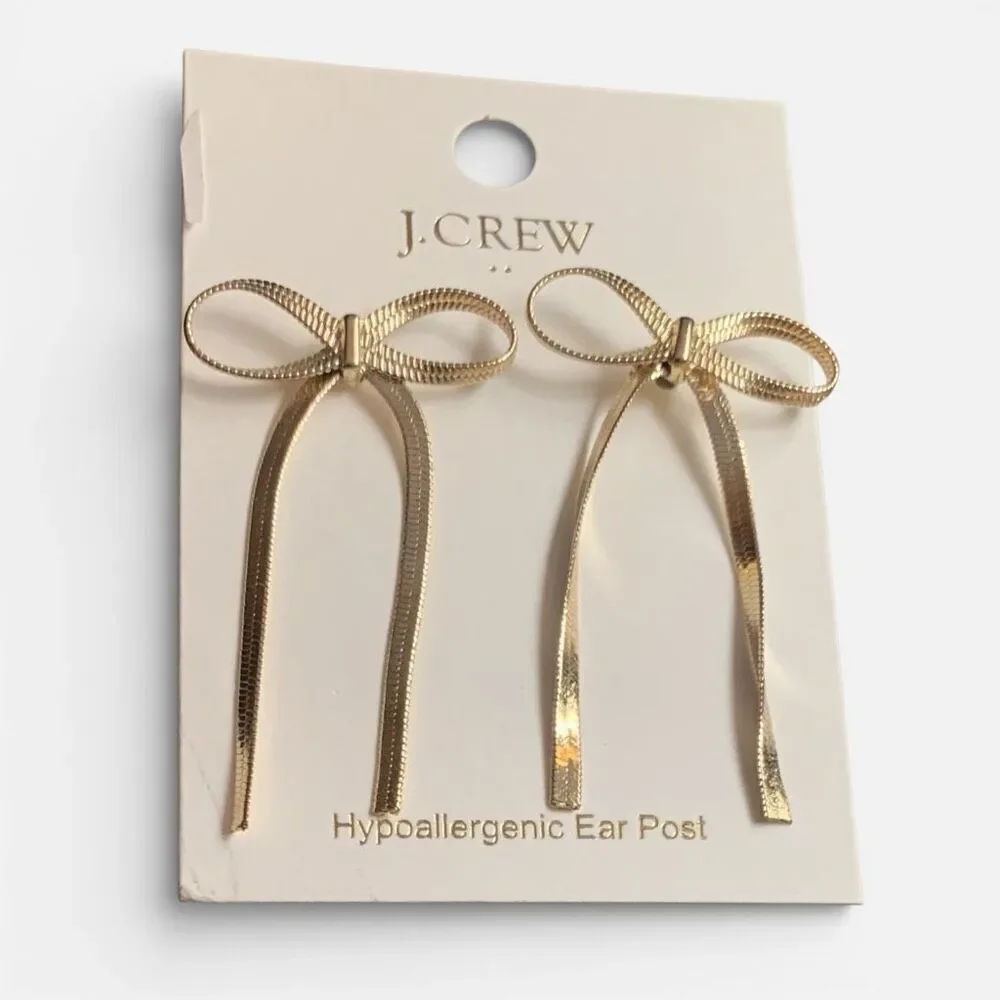 J.Crew Gold Bow Drop Earrings Metallic Statement Recycled Brass 1.7” , NWT